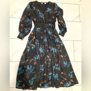 NEW Boho Designer Long Sleeve Dress Small Fully Lined Sheer Black Blue Orange